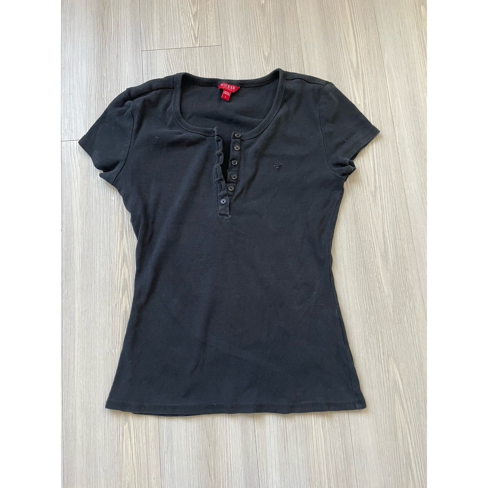 Guess Women's Short Sleeve Black Henley Top Size Large Y2K